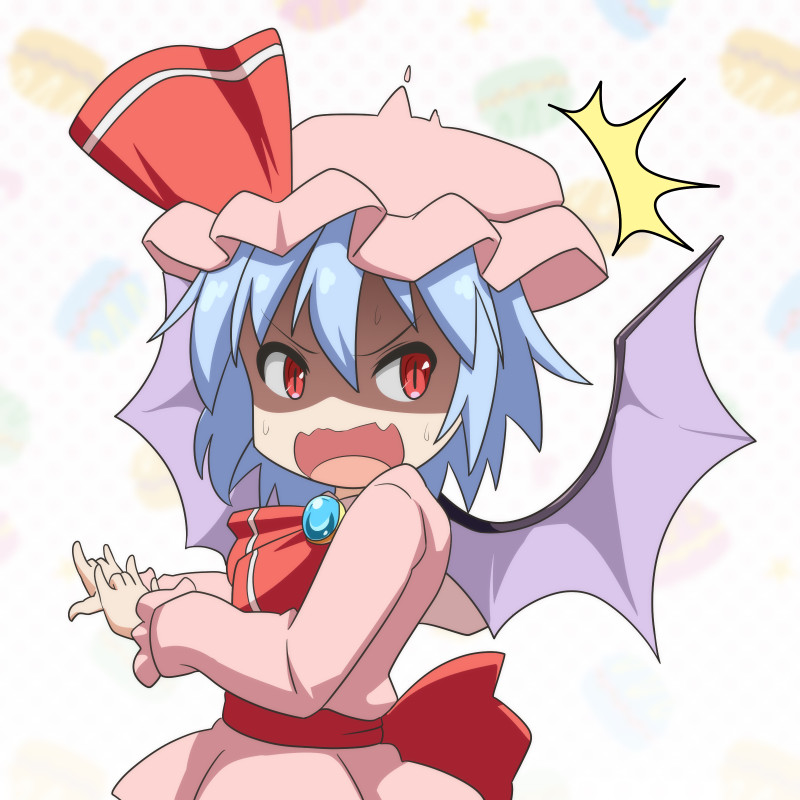 /\/\/\ 1girl \m/ bat_wings blue_hair blurry blurry_background brooch cato_(monocatienus) commentary cravat double_\m/ fang furrowed_eyebrows hair_between_eyes hat hat_ribbon jewelry looking_back looking_to_the_side macaron_background mob_cap pink_headwear pink_shirt pink_skirt polka_dot polka_dot_background red_eyes red_neckwear remilia_scarlet ribbon sash shaded_face shirt short_hair simple_background skin_fang skirt skirt_set slit_pupils solo standing surprised sweat touhou upper_body white_background wings