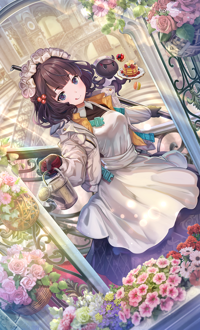 1girl apron bangs black_gloves blue_eyes blush breasts fate/grand_order fate_(series) flower gloves hair_bun hair_ornament hairpin heroic_spirit_festival_outfit highres jacket katsushika_hokusai_(fate/grand_order) large_breasts long_sleeves looking_at_viewer maid_day mop octopus open_clothes open_jacket short_hair smile tokitarou_(fate/grand_order) torino_akua watering_can white_apron window