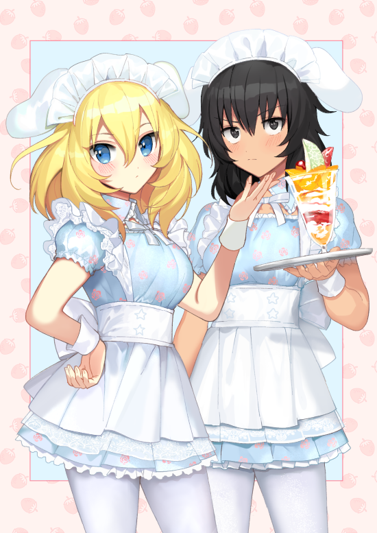 2girls alternate_costume andou_(girls_und_panzer) animal_ears black_hair blonde_hair blue_background blue_dress blue_eyes blush breasts brown_eyes closed_mouth cowboy_shot dark_skin dress enmaided fake_animal_ears floral_print food food_themed_background fruit girls_und_panzer hand_on_another's_cheek hand_on_another's_face hand_up holding holding_tray ice_cream looking_at_viewer maid medium_breasts multiple_girls neck_ribbon oshida_(girls_und_panzer) pantyhose print_dress puffy_short_sleeves puffy_sleeves ribbon short_hair short_sleeves strawberry strawberry_background sundae tan3charge tray v-shaped_eyebrows white_legwear white_neckwear white_ribbon wrist_cuffs yuri