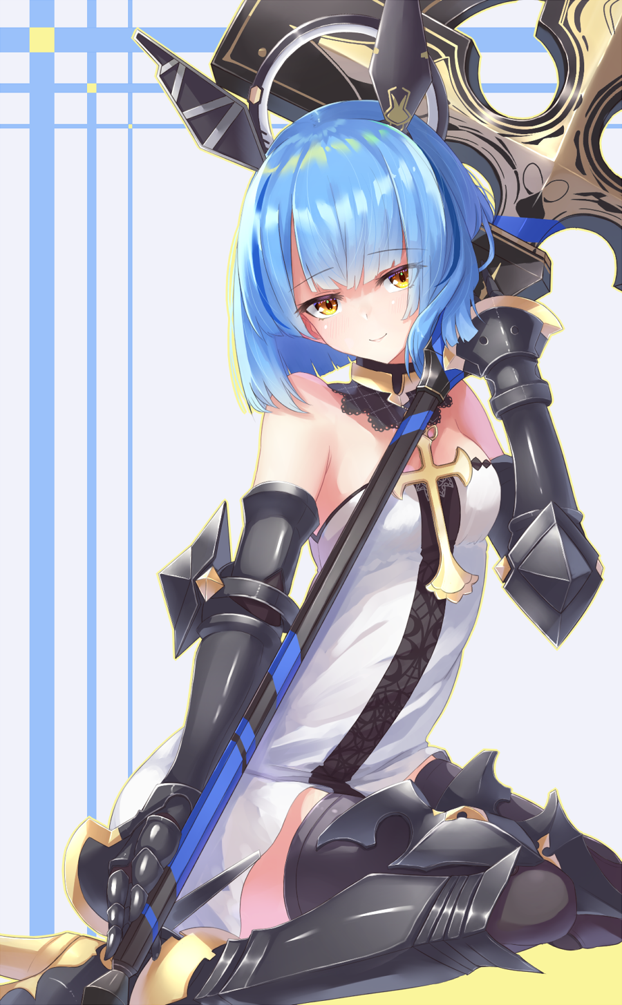 1girl armored_boots azur_lane bangs bare_shoulders black_legwear blue_hair blush boots breasts closed_mouth commentary_request cross dress eyebrows_visible_through_hair gascogne_(azur_lane) gauntlets greaves hair_between_eyes headgear highres latin_cross looking_at_viewer miimu_(nelreg3) short_hair sitting small_breasts smile solo strapless strapless_dress thigh-highs white_dress yellow_eyes