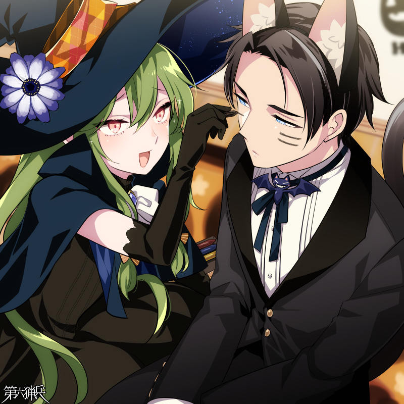 1boy 1girl animal_ears black_gloves black_headwear blue_eyes cape cat_tail dairoku_youhei elbow_gloves fake_animal_ears flower formal gloves green_eyes hat hat_flower indoors l_(matador) long_sleeves pink_eyes suit tail whisker_markings witch_hat