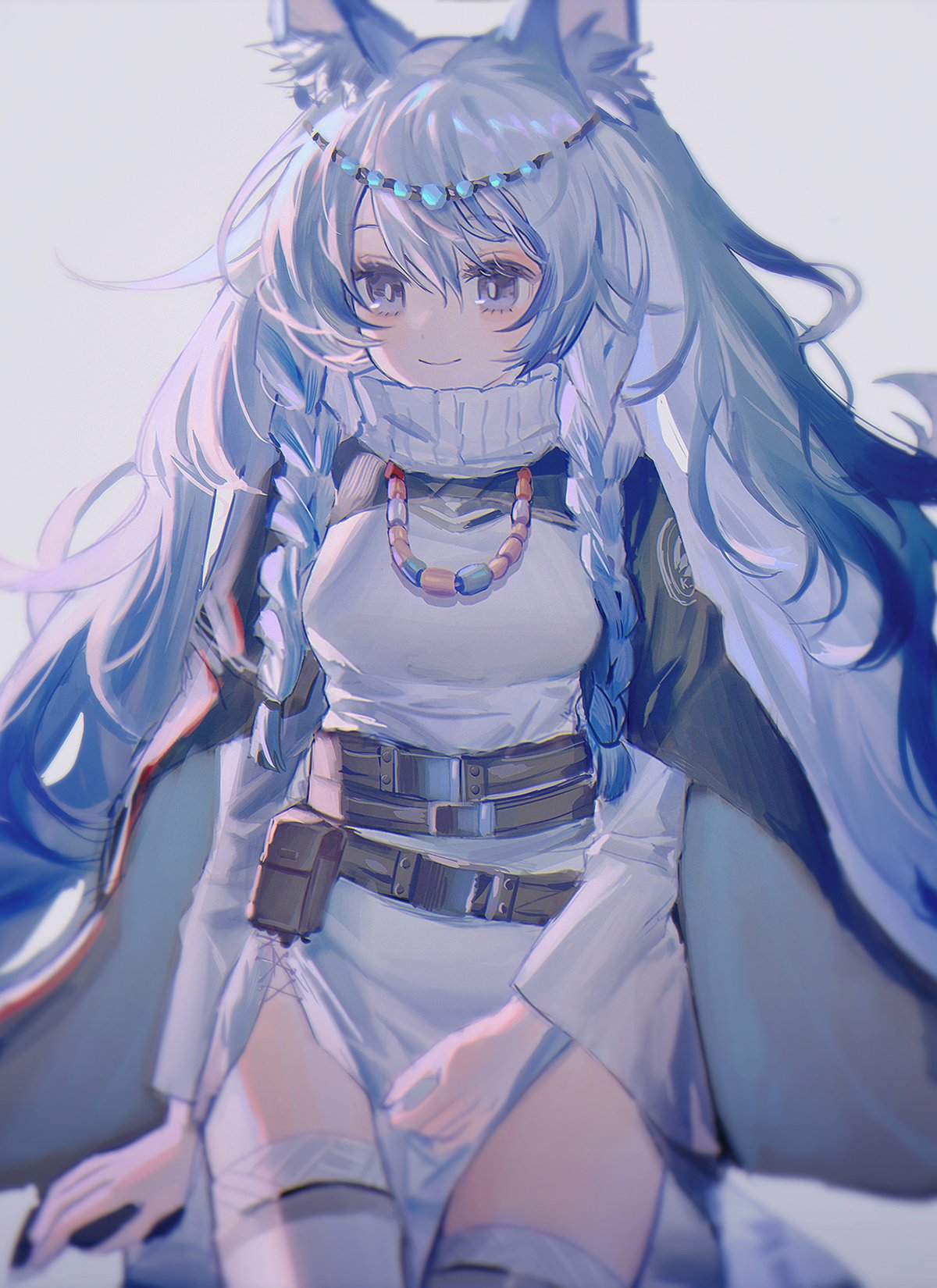 1girl animal_ear_fluff animal_ears arknights bangs belt belt_buckle braid breasts buckle closed_mouth collar dress grey_eyes grey_hair hair_between_eyes highres jewelry leopard_ears long_hair long_sleeves looking_at_viewer necklace neckwear nenecrepe pramanix_(arknights) smile solo thigh-highs turtleneck very_long_hair white_dress zettai_ryouiki