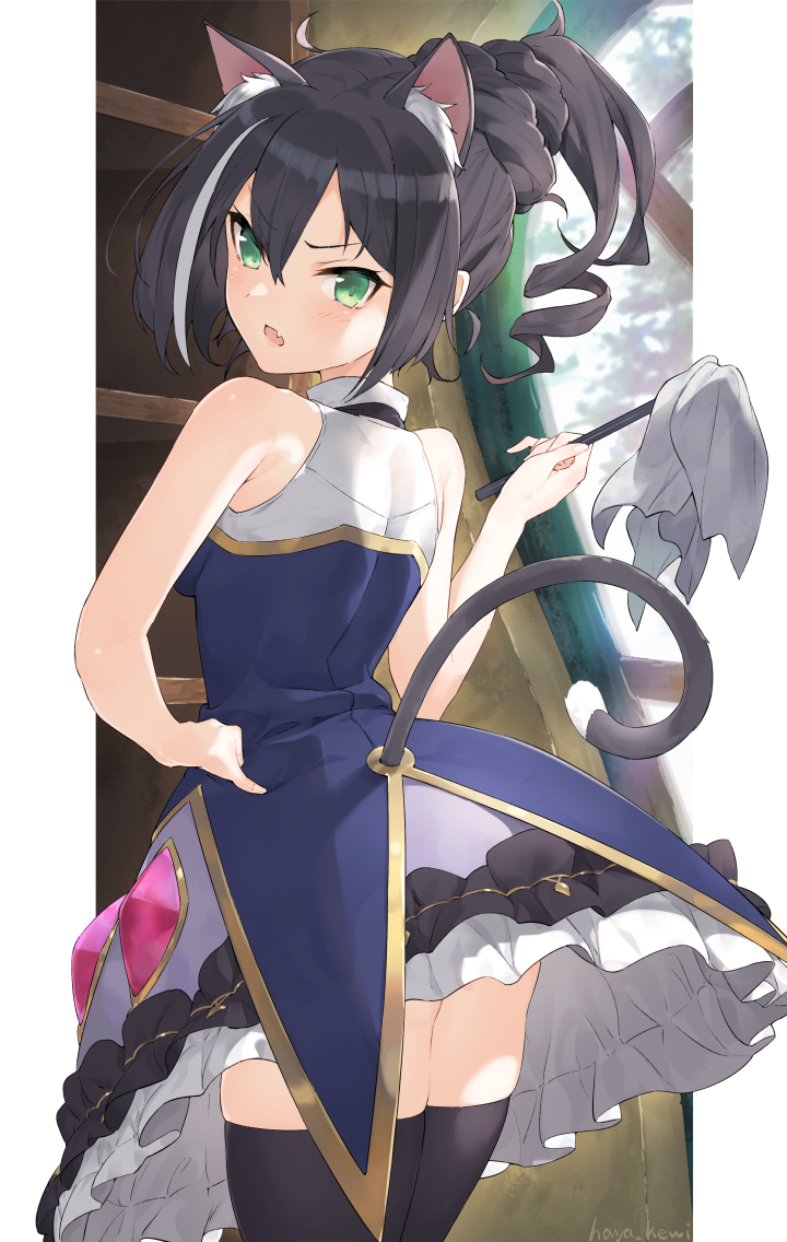 1girl animal_ear_fluff animal_ears ass bangs bare_arms bare_shoulders black_hair black_legwear breasts cat_ears cat_girl cat_tail commentary_request day duster eyebrows_visible_through_hair fang frilled_skirt frills green_eyes grey_hair hair_between_eyes hayashi_kewi holding indoors kyaru_(princess_connect!) looking_at_viewer looking_to_the_side multicolored_hair no_detached_sleeves open_mouth ponytail princess_connect! princess_connect!_re:dive purple_skirt shirt signature skirt sleeveless sleeveless_shirt small_breasts solo standing streaked_hair tail thigh-highs v-shaped_eyebrows white_shirt window