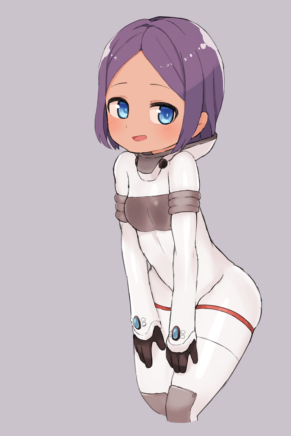 1girl black_gloves blue_eyes coco_mercury dark_skin gloves grey_background hands_on_hips highres last_origin looking_at_viewer open_mouth purple_hair short_hair simple_background sizeaton smile solo spacesuit
