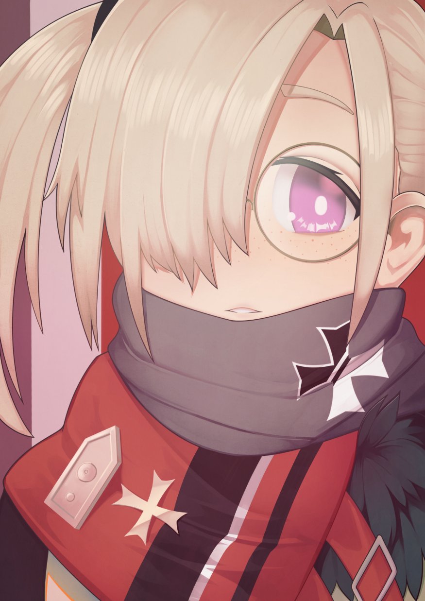 1girl blonde_hair blush eyebrows freckles girls_frontline glasses gloves hair_over_one_eye highres hk21_(girls_frontline) iron_cross jacy looking_at_viewer partly_fingerless_gloves round_eyewear short_hair short_twintails solo twintails upper_body violet_eyes