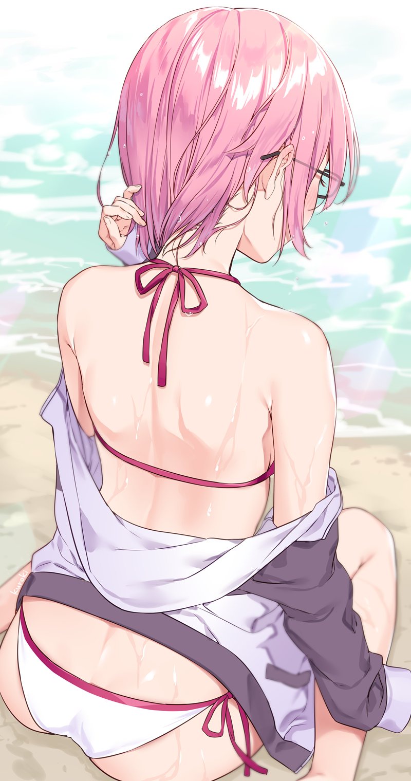 1girl ass back beach black-framed_eyewear facing_away fate/grand_order fate_(series) from_behind glasses highres hood hoodie jacket kuroki_(ma-na-tu) lavender_hair mash_kyrielight neck pink_eyes short_hair sitting solo swimsuit_of_perpetual_summer wariza