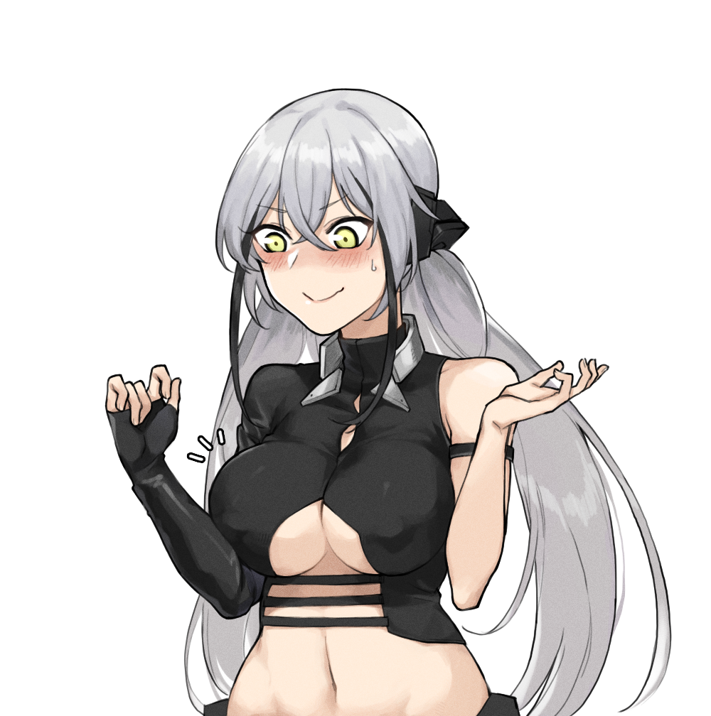 blush breasts gaia_(girls_frontline) girls_frontline large_breasts long_hair mimyo silver_hair single_sleeve sweatdrop twintails under_boob very_long_hair yellow_eyes