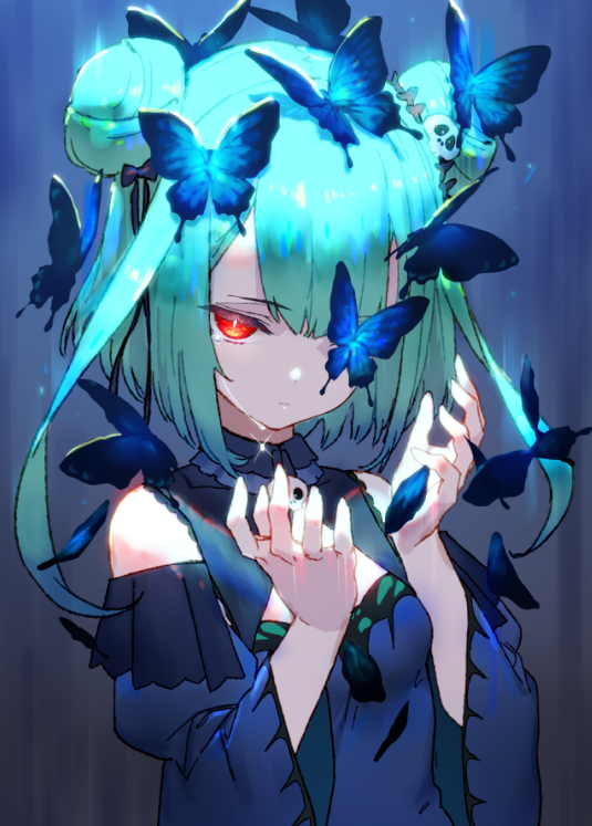 1girl bangs blue_butterfly blue_dress blue_sleeves bow brooch bug butterfly butterfly_on_head crying double_bun dress expressionless gradient gradient_background green_hair hair_between_eyes hair_ornament hololive insect izumi_sai jewelry looking_at_viewer one_eye_covered red_eyes revision serious short_hair shoulder_cutout simple_background skull_collar skull_hair_ornament solo teardrop tearing_up tears upper_body uruha_rushia virtual_youtuber
