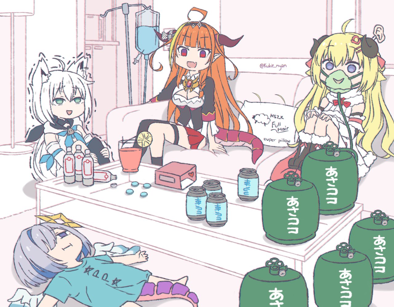 4girls :i ahoge amane_kanata angel_wings animal_ear_fluff animal_ears armband artist_name bangs barefoot black_footwear black_jacket black_legwear blonde_hair blue_eyes blue_hair blue_shirt blunt_bangs boots bottle bow box breasts brooch canister chibi cleavage_cutout collared_shirt commentary couch detached_sleeves diagonal-striped_bow diagonal_stripes dragon_horns dragon_tail dress drink english_commentary english_text eyebrows_visible_through_hair fake_tail fang flat_chest food fox_ears fox_tail fruit full_body fur-trimmed_boots fur-trimmed_dress fur_trim hair_between_eyes hair_ornament hair_over_one_eye hairband hairclip halo hip_vent hololive horn_bow horns indoors intravenous_drip jacket jewelry kiryuu_coco knees_to_chest kukie-nyan leg_hug lemon lemon_slice long_hair lying medium_breasts miniskirt multicolored_hair multiple_girls on_back open_mouth orange_hair oxygen_mask oxygen_tank pleated_skirt pointy_ears red_eyes red_skirt sheep_ears sheep_horns shirakami_fubuki shirt short_hair silver_hair single_thighhigh sitting skirt smile streaked_hair striped syringe t-shirt tail thigh-highs thigh_strap trembling triangle_mouth tsunomaki_watame twitter_username two-tone_hair violet_eyes virtual_youtuber white_dress white_hair white_hoodie white_shirt wings wool