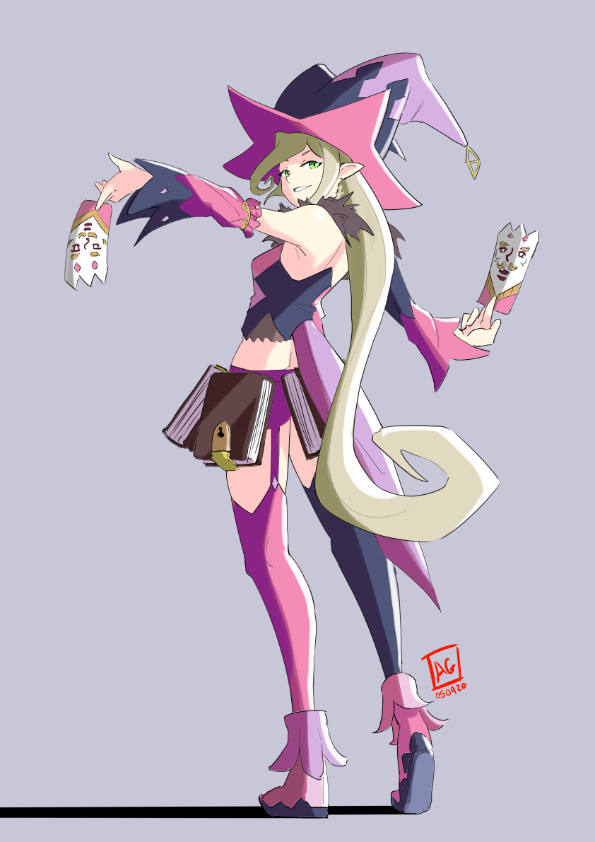 1girl asymmetrical_sleeves automatic_giraffe blonde_hair book breasts card crop_top detached_sleeves english_commentary eyelashes from_behind full_body garter_straps green_eyes grey_background hat long_hair looking_at_viewer looking_back magilou_(tales) mismatched_legwear mismatched_sleeves outstretched_arms pink_sleeves pointy_ears shadow sidelocks signature simple_background small_breasts solo tales_of_(series) tales_of_berseria thigh-highs very_long_hair wide_sleeves witch_hat