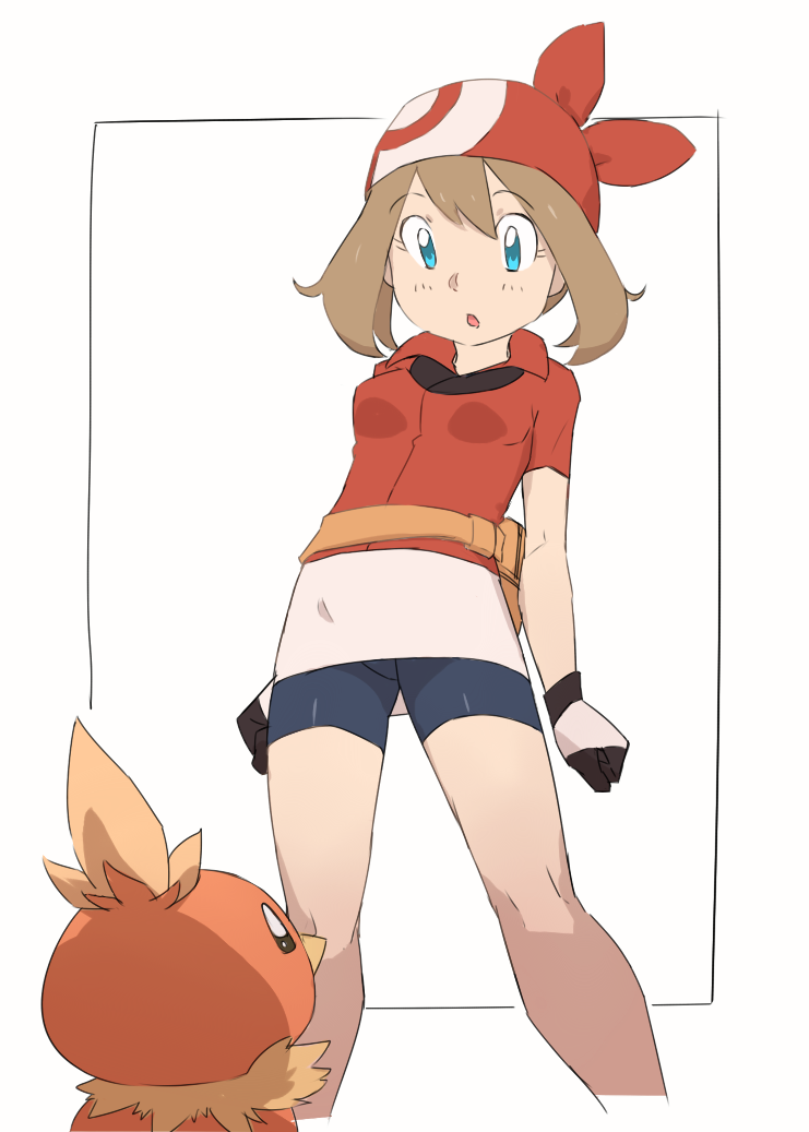 1girl bandana bike_shorts blue_eyes breasts brown_hair gen_3_pokemon gloves haruka_(pokemon) long_hair nyonn24 open_mouth pokemon pokemon_(creature) pokemon_(game) pokemon_rse simple_background torchic white_background