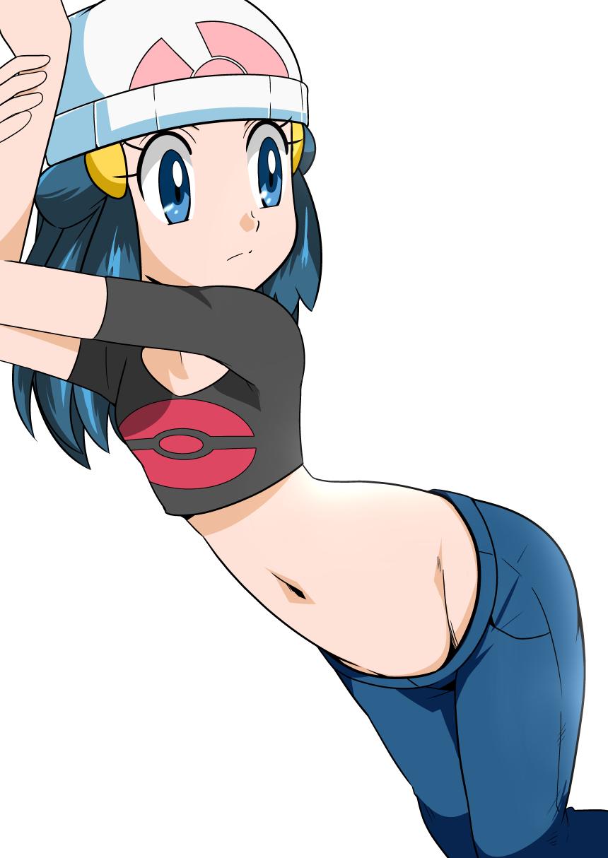 1girl alternate_costume beanie blue_eyes blue_hair breasts denim groin hainchu hair_ornament hat highres hikari_(pokemon) jeans long_hair looking_at_viewer pants pokemon pokemon_(game) pokemon_dppt smile solo