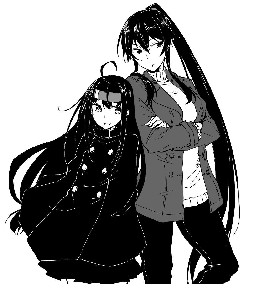 2girls ahoge alternate_costume bangs breasts coat crossed_arms greyscale hatsushimo_(kantai_collection) headband jacket kantai_collection long_hair low-tied_long_hair monochrome multiple_girls open_mouth pants ponytail rindou_(rindou_annon) simple_background skirt sweater turtleneck turtleneck_sweater yahagi_(kantai_collection)