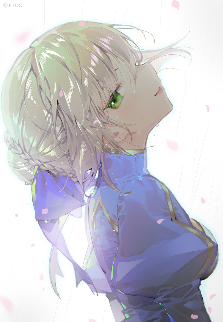 1girl artoria_pendragon_(all) bangs blonde_hair blue_ribbon braid closed_mouth collar dress fate/stay_night fate_(series) from_side green_eyes hair_between_eyes hair_intakes hair_ornament hair_ribbon lips long_sleeves looking_at_viewer medium_hair paper_h petals puffy_long_sleeves puffy_sleeves ribbon saber simple_background smile solo turtleneck upper_body white_background