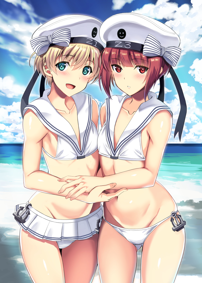 2girls :d anchor ass_visible_through_thighs bangs bare_shoulders beach bikini bikini_skirt blue_eyes blue_sky blush bow breasts brown_eyes brown_hair clothes_writing clouds collarbone commentary_request cowboy_shot day eyebrows eyebrows_visible_through_hair hat hat_bow holding_hands horizon kantai_collection kyougoku_shin looking_at_viewer multiple_girls navel ocean open_mouth outdoors red_eyes redhead sailor_bikini sailor_collar sailor_hat sand short_hair side-tie_bikini silver_hair sky small_breasts smile standing swimsuit water white_bikini white_headwear white_sailor_collar z1_leberecht_maass_(kantai_collection) z3_max_schultz_(kantai_collection)