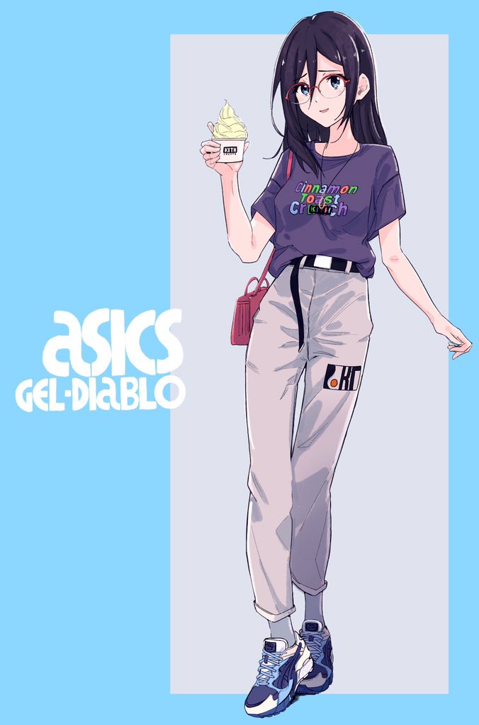 1girl alternate_costume bag black_hair blue_eyes blue_shirt bonryuu casual commentary_request food full_body glasses grey_pants hair_between_eyes hibike!_euphonium ice_cream long_hair looking_at_viewer over-rim_eyewear pants red-framed_eyewear semi-rimless_eyewear shirt shoes sneakers solo standing tanaka_asuka