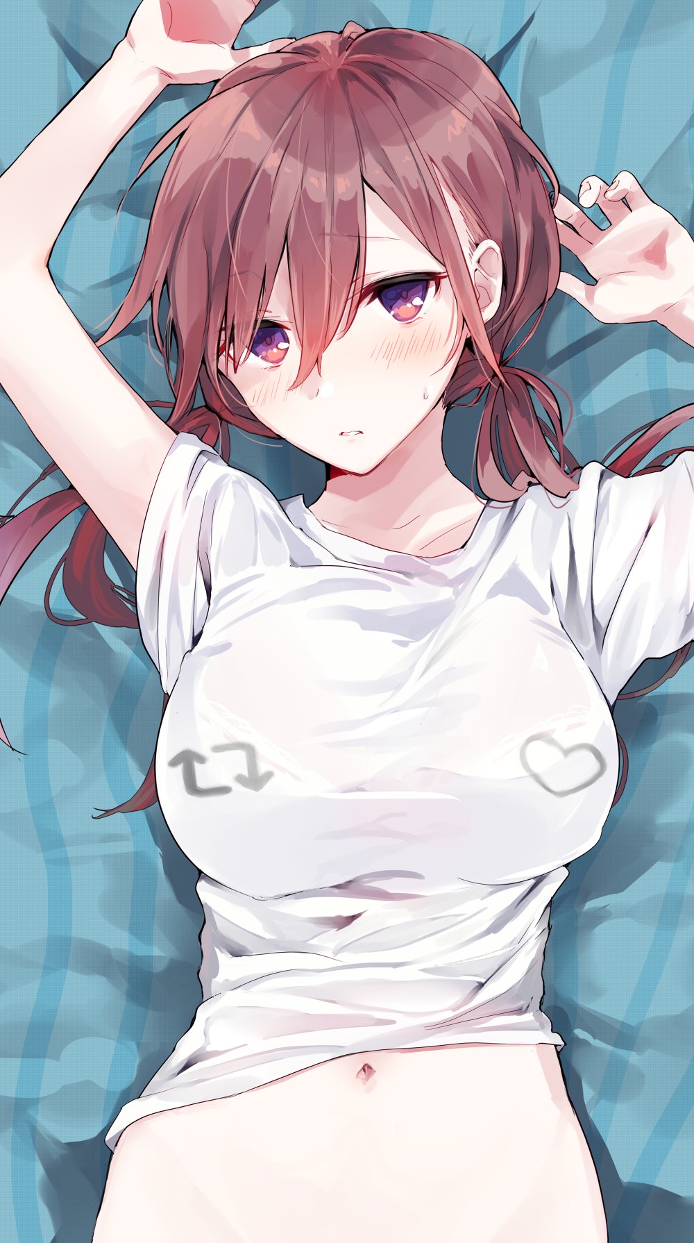 1girl arms_up arrow_(symbol) bangs bed_sheet blush breasts brown_hair collarbone commentary_request eyebrows_visible_through_hair hair_between_eyes heart highres large_breasts long_hair looking_at_viewer low_twintails navel original parted_lips shirt shirt_lift short_sleeves solo stomach sweat tomozero twintails twitter upper_body violet_eyes white_shirt