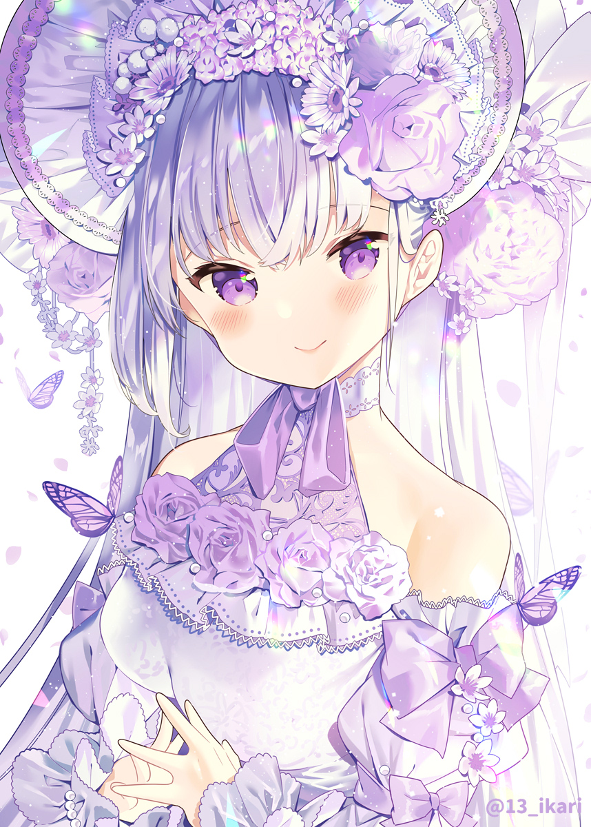 1girl bangs blush bonnet bug butterfly butterfly_on_shoulder chin_strap choker closed_mouth commentary_request detached_sleeves eyebrows_visible_through_hair flower frilled_sleeves frills hair_flower hair_ornament halterneck highres ikari_(aor3507) insect lace lace_choker long_hair looking_at_viewer original purple_flower purple_ribbon purple_theme ribbon sleeve_ribbon smile solo steepled_fingers twitter_username upper_body violet_eyes