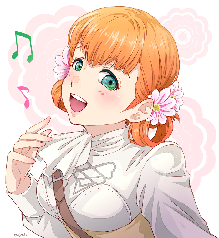 1girl annette_fantine_dominic artist_name fire_emblem fire_emblem:_three_houses flower garreg_mach_monastery_uniform green_eyes hair_flower hair_ornament ichii_k long_sleeves musical_note open_mouth orange_hair solo twintails uniform upper_body