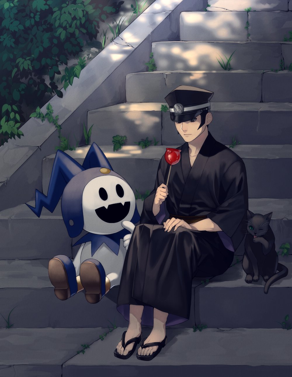 black_cat black_hair candy_apple cat closed_mouth devil_summoner finger_to_chin food hand_on_own_knee hat highres holding holding_food jack_frost japanese_clothes kuzunoha_raidou morimiya_(kuroro) open_mouth paw_licking peaked_cap sandals sideburns sitting sitting_on_stairs smile stairs