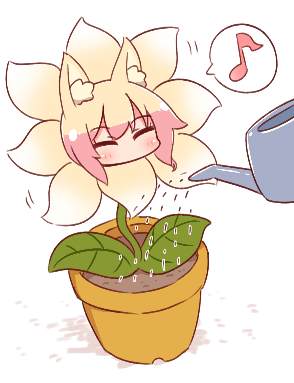 1girl ^_^ animal_ear_fluff animal_ears bangs blush closed_eyes eighth_note eyebrows_visible_through_hair flower flower_pot fox_ears fox_tail highres kemomimi-chan_(naga_u) musical_note naga_u original plant potted_plant shadow solo spoken_musical_note tail water watering watering_can white_background yellow_flower