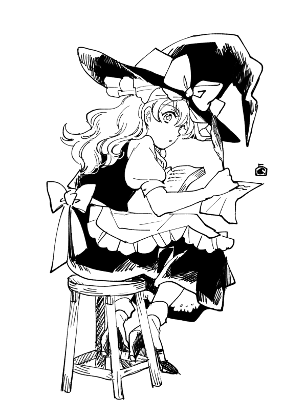 1girl apron black_dress book bow braid chair dress eyebrows_visible_through_hair frilled_dress frills hair_bow hat hat_bow kirisame_marisa long_hair monochrome natsume_(menthol) paper puffy_sleeves quill sash shoes short_sleeves side_braid single_braid sitting touhou waist_apron white_background white_bow witch_hat writing