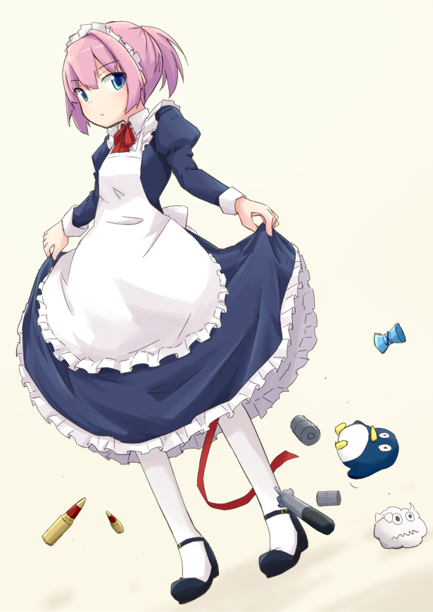 1girl alternate_costume ammunition black_footwear blue_eyes depth_charge dress dress_lift enmaided eyebrows_visible_through_hair failure_penguin from_side full_body kakizaki_(chou_neji) kantai_collection lifted_by_self looking_at_viewer maid maid_dress mary_janes miss_cloud pantyhose pink_hair ponytail shoes short_hair short_ponytail simple_background solo torpedo white_background white_legwear