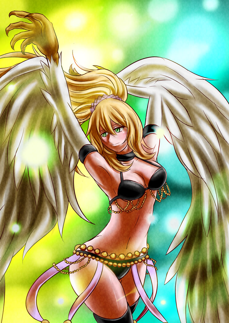 1girl :o armpits bikini black_bikini black_bra black_legwear black_panties blonde_hair blush bra breasts choker claws cleavage commentary_request cowboy_shot dancer dashi_noya duel_monster green_eyes hair_ribbon harpie_dancer harpy jewelry large_breasts long_hair looking_at_viewer monster_girl navel panties ponytail ribbon sideboob solo swimsuit thigh-highs under_boob underwear very_long_hair white_wings wings yu-gi-oh! yuu-gi-ou