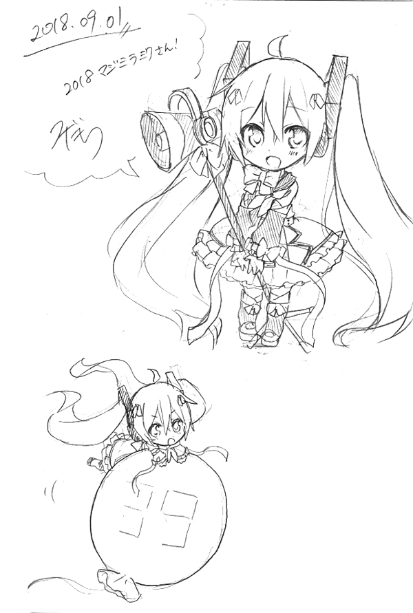 1girl 39 ahoge balloon bow bowtie chibi commentary dress frilled_dress frills hatsune_miku headphones holding_microphone_stand layered_dress long_hair magical_mirai_(vocaloid) megaphone microphone_stand multiple_views signature sketch sudachi_(calendar) sweat twintails v-shaped_eyebrows very_long_hair vocaloid