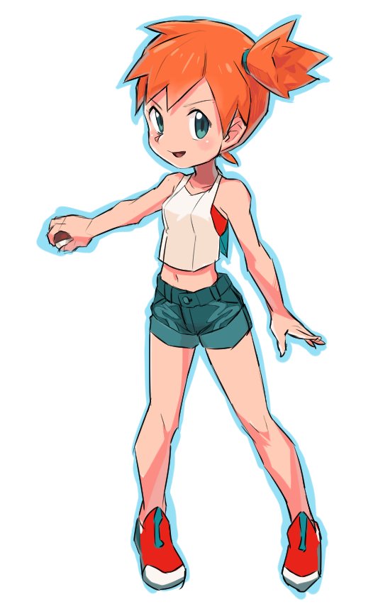 1girl denim denim_shorts green_eyes gym_leader holding kasumi_(pokemon) looking_at_viewer midriff navel nyonn24 open_mouth orange_hair poke_ball poke_ball_(generic) pokemon pokemon_(game) pokemon_lgpe short_hair shorts side_ponytail simple_background smile solo white_background younger