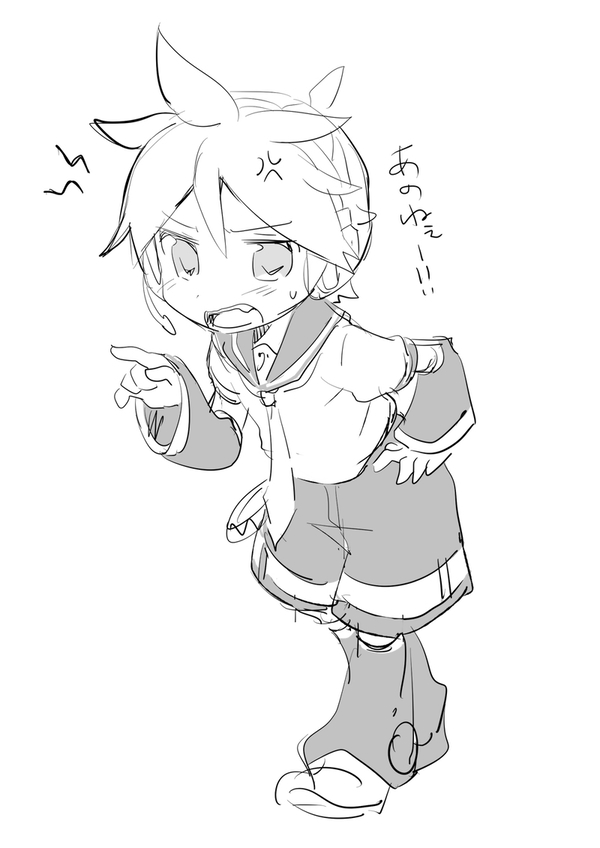 1boy anger_vein angry arm_warmers bass_clef belt chibi commentary fang full_body hand_on_hip kagamine_len leg_warmers male_focus monochrome necktie open_mouth pointing sailor_collar school_uniform short_ponytail short_sleeves shorts sketch solo spiky_hair sudachi_(calendar) sweat translated v-shaped_eyebrows vocaloid