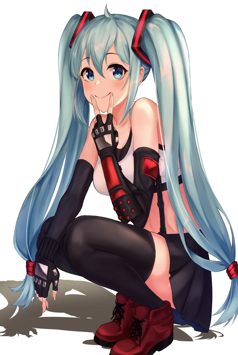 1girl angdo_(kakajo26) aqua_hair bare_shoulders black_gloves black_legwear black_skirt blue_eyes breasts cosplay crop_top elbow_gloves final_fantasy final_fantasy_vii final_fantasy_vii_remake fingerless_gloves fingersmile gloves hatsune_miku highres long_hair looking_at_viewer medium_breasts midriff miniskirt pleated_skirt red_footwear shadow shirt shoes skirt sleeveless sleeveless_shirt smile solo squatting suspenders thigh-highs tifa_lockhart tifa_lockhart_(cosplay) twintails v vambraces very_long_hair vocaloid white_background white_shirt zettai_ryouiki