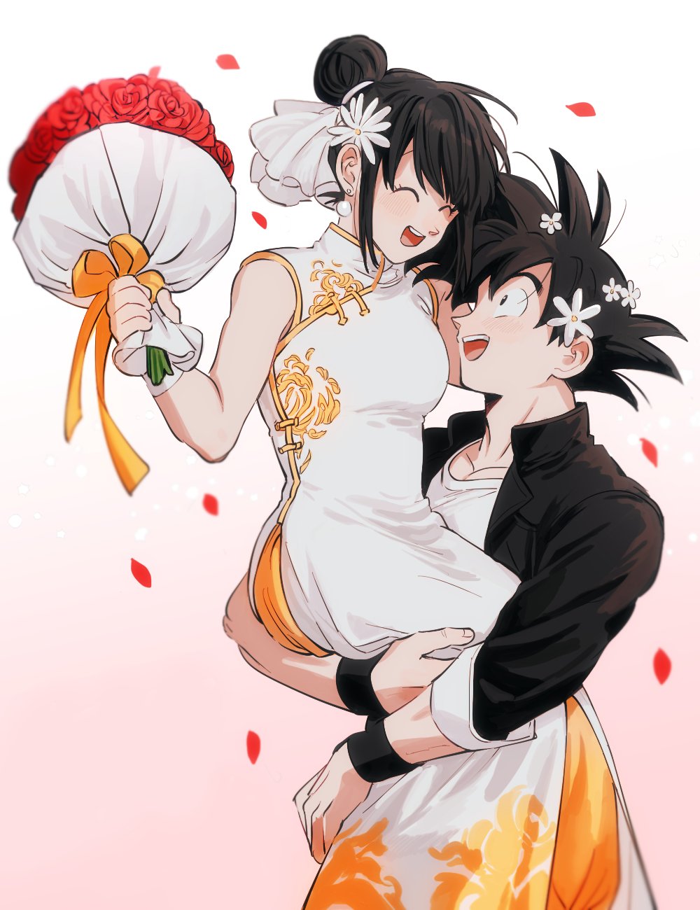 1boy 1girl :d ^_^ bangs bare_arms bare_shoulders black_eyes black_hair black_jacket blunt_bangs blurry blurry_background blush bouquet breasts carrying chi-chi_(dragon_ball) china_dress chinese_clothes closed_eyes collared_jacket commentary_request couple dragon_ball dragon_ball_z dress earrings fingernails floral_print flower gradient gradient_background haha_(haha_db) hair_bun hair_flower hair_ornament hetero high_collar highres holding holding_bouquet holding_flower husband_and_wife jacket jewelry korean_commentary long_dress long_sleeves looking_at_another looking_up medium_breasts messy_hair mixed-language_commentary muscle open_clothes open_jacket open_mouth pectorals petals pink_background profile red_flower red_rose rose shaded_face shirt side_slit sidelocks simple_background sleeveless sleeveless_dress smile son_gokuu spiky_hair teeth upper_body upper_teeth white_background white_dress white_shirt wristband