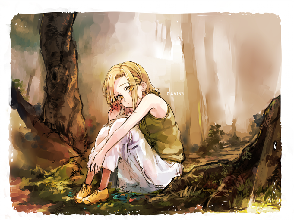 1girl awa_(12687414) blonde_hair character_name elaine eyes_visible_through_hair forest full_body green_sweater looking_at_viewer nanatsu_no_taizai nature outdoors pants short_hair sitting sketch solo sweater sweater_vest white_pants yellow_eyes yellow_footwear