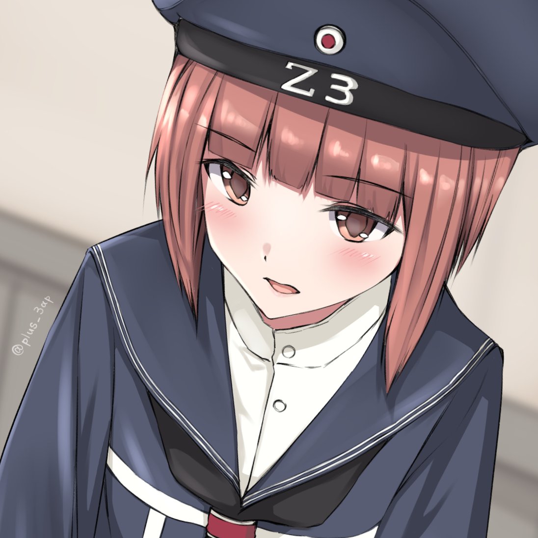 1girl black_neckwear blue_dress blue_headwear blurry brown_eyes brown_hair clothes_writing depth_of_field dress hat kantai_collection looking_to_the_side neckerchief sailor_dress sailor_hat saplus short_hair solo twitter_username upper_body z3_max_schultz_(kantai_collection)