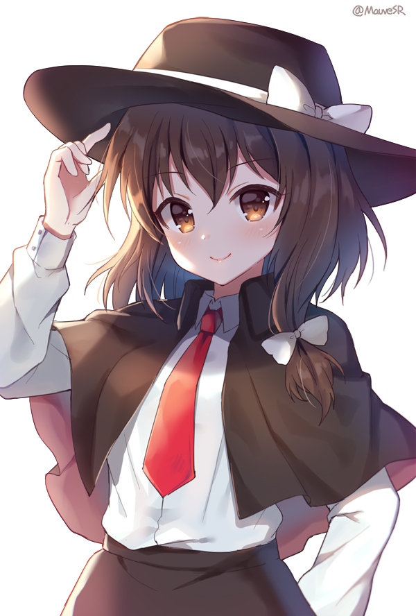 1girl arm_up bangs black_capelet black_headwear black_skirt blush bow brown_capelet brown_eyes brown_hair capelet closed_mouth collared_shirt commentary_request dress_shirt eyebrows_visible_through_hair hair_between_eyes hair_bow hat hat_bow long_hair long_sleeves looking_at_viewer mauve necktie red_neckwear shirt simple_background skirt smile solo touhou twitter_username usami_renko white_background white_bow white_shirt