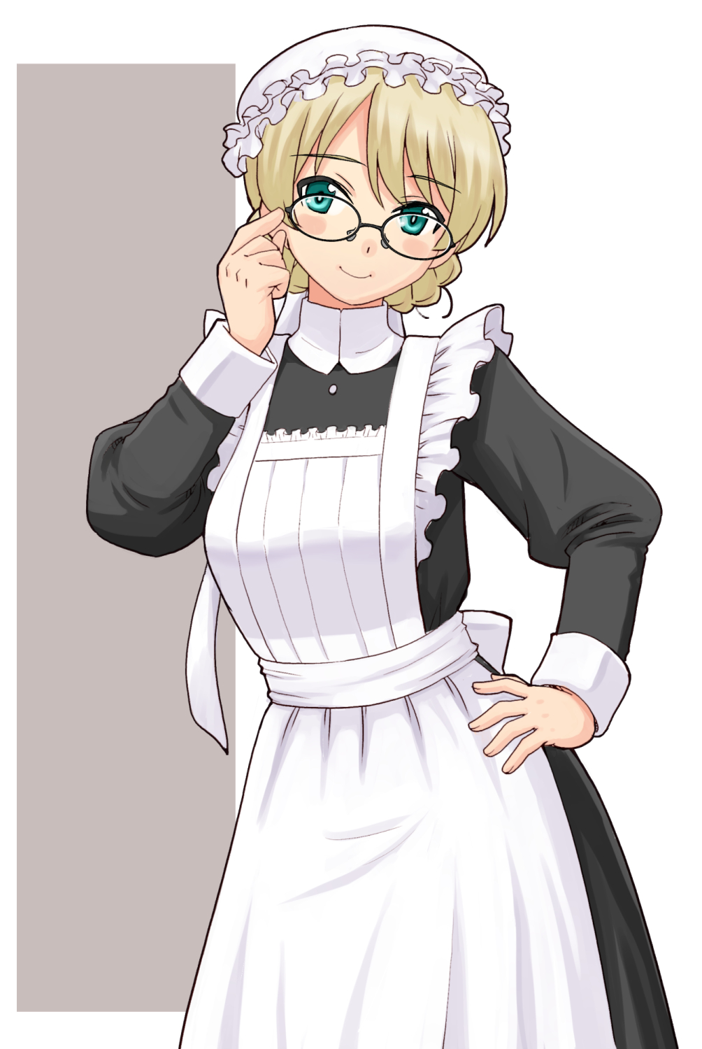 adjusting_eyewear alternate_costume apron bangs bespectacled black_dress blonde_hair blue_eyes blush braid closed_mouth darjeeling_(girls_und_panzer) dress enmaided eyebrows_visible_through_hair frilled_apron frills girls_und_panzer glasses hand_on_hip hat highres long_sleeves looking_at_viewer maid maid_apron maid_dress mob_cap smile swept_bangs uona_telepin white_apron