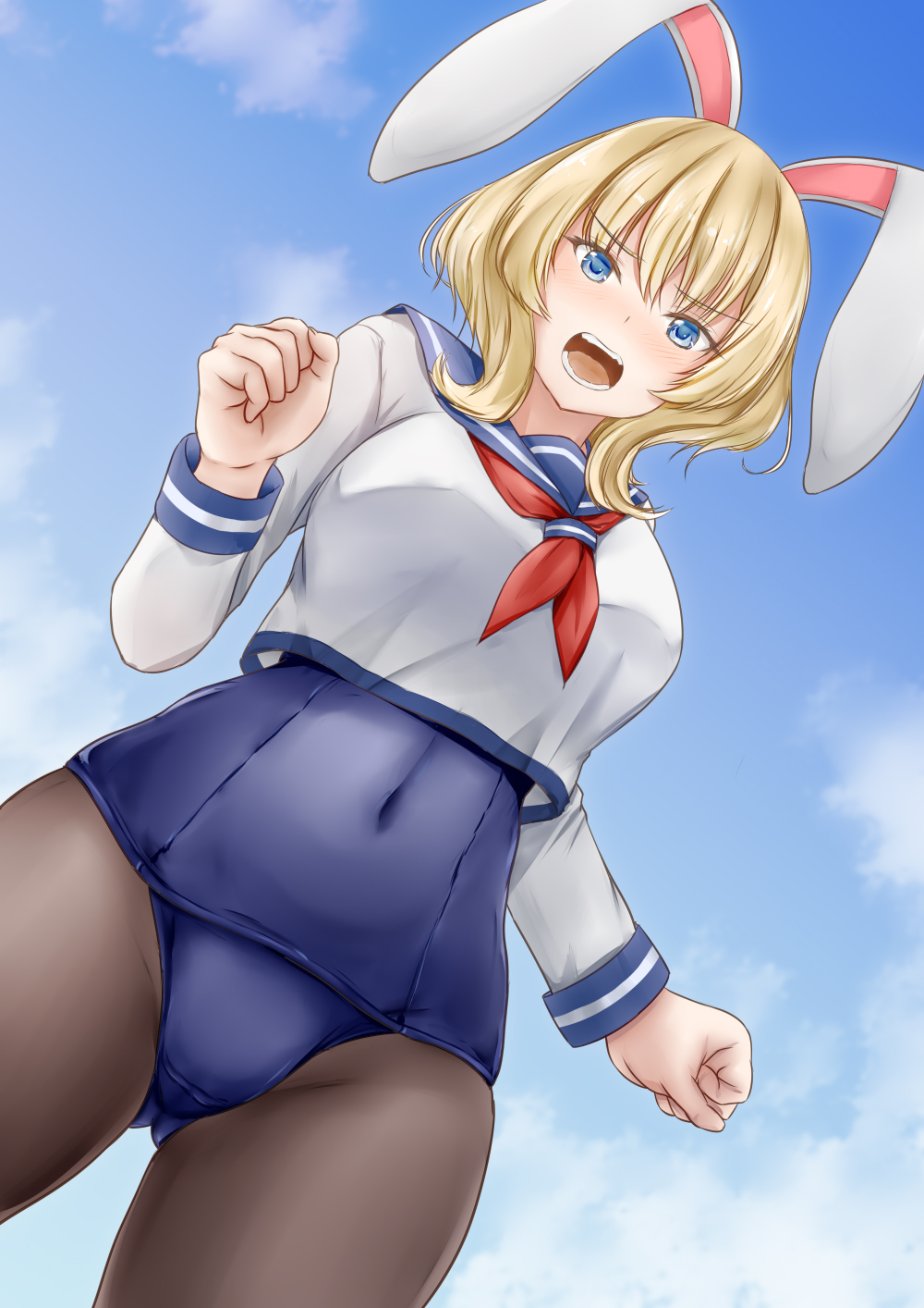 1girl alternate_costume animal_ears ass blonde_hair blouse blue_eyes blue_sailor_collar blue_sky blue_swimsuit breasts clouds cloudy_sky colorado_(kantai_collection) covered_navel eyebrows_visible_through_hair fake_animal_ears from_below highres kantai_collection koru_pera large_breasts long_sleeves looking_down neckerchief old_school_swimsuit one-piece_swimsuit outdoors pantyhose pantyhose_under_swimsuit rabbit_ears sailor_collar school_swimsuit school_uniform serafuku short_hair side_braids sky solo standing swimsuit swimsuit_under_clothes