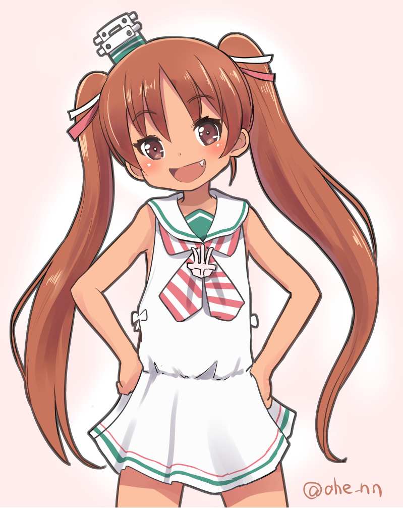 1girl :d ahenn brown_eyes brown_hair cowboy_shot dress eyebrows_visible_through_hair fang hands_on_hips hat kantai_collection libeccio_(kantai_collection) long_hair mini_hat open_mouth pink_background sailor_collar sailor_dress sleeveless sleeveless_dress smile solo twintails twitter_username white_dress white_headwear white_sailor_collar