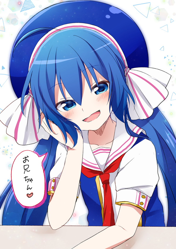 1girl arm_support blue_eyes blue_hair blue_headwear blue_shirt blush collar commentary half-closed_eyes head_rest large_hat looking_at_viewer necktie open_mouth otomachi_una red_neckwear sailor_collar shirt short_sleeves sitting smile solo speech_bubble sudachi_(calendar) translated twintails upper_body vocaloid white_collar