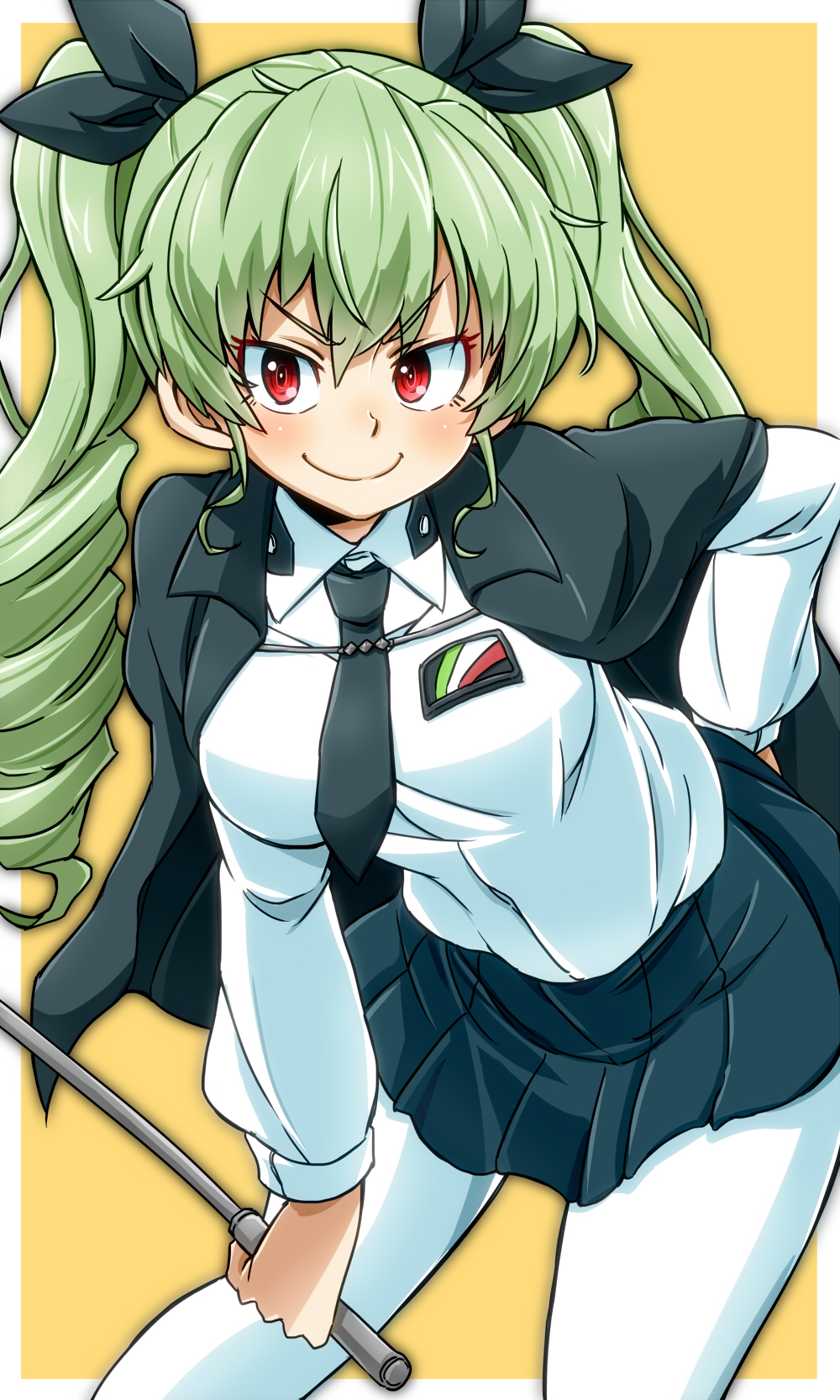 1girl anchovy_(girls_und_panzer) anzio_school_uniform aono3 arm_behind_back bangs belt black_belt black_cape black_neckwear black_ribbon black_skirt cape closed_mouth commentary dress_shirt drill_hair emblem eyebrows_visible_through_hair girls_und_panzer green_hair hair_ribbon hand_on_hip highres holding leaning_forward long_hair long_sleeves looking_at_viewer miniskirt necktie orange_background outside_border pantyhose pleated_skirt red_eyes reverse_grip ribbon riding_crop school_uniform shirt skirt smile solo standing twin_drills twintails v-shaped_eyebrows white_legwear white_shirt