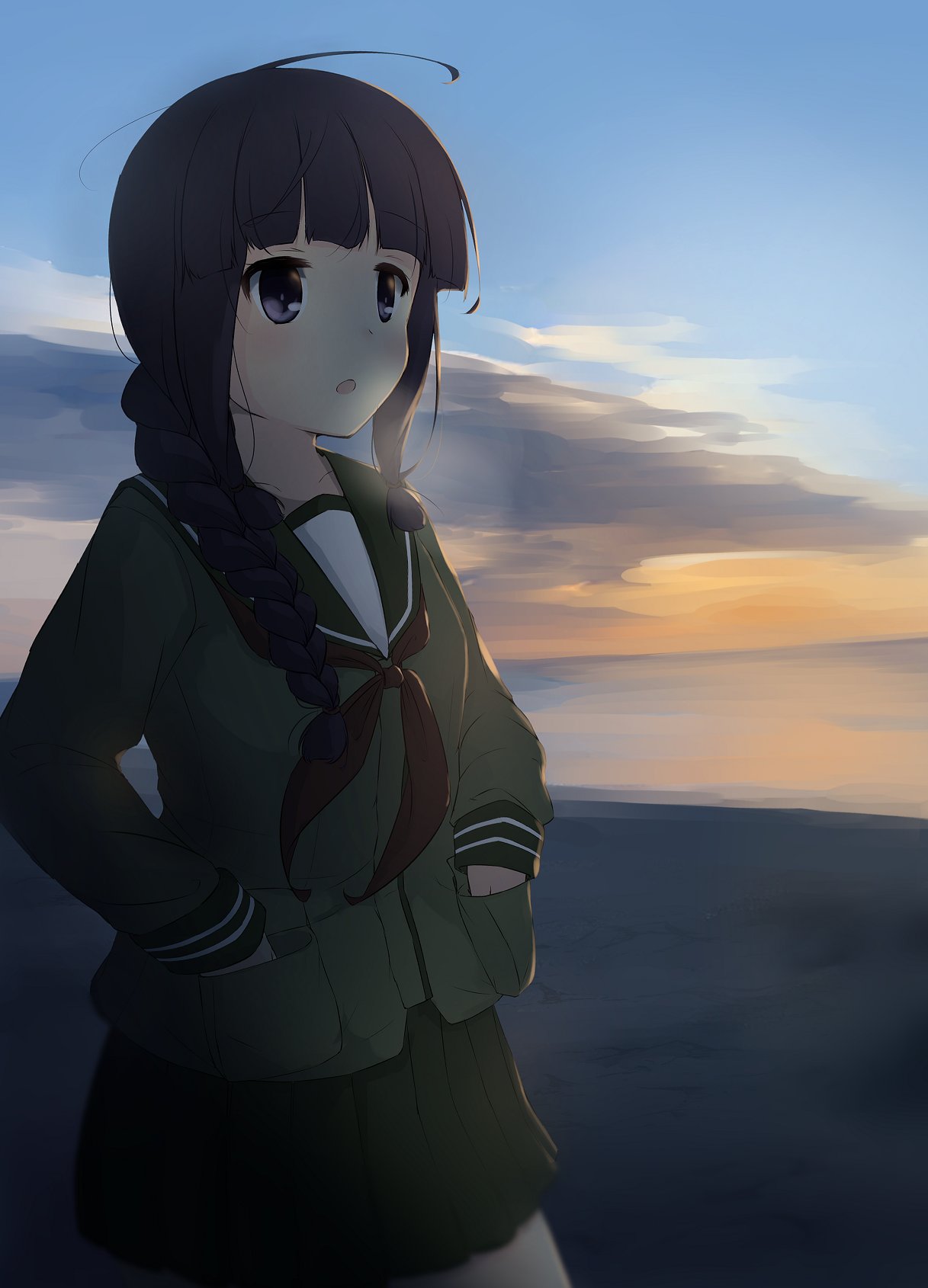 1girl ahoge bangs black_hair black_neckwear blunt_bangs braid brewstar37a green_serafuku hair_ribbon hands_in_pocket highres kantai_collection kitakami_(kantai_collection) long_hair neckerchief open_mouth ribbon sidelocks single_braid solo sunrise tress_ribbon violet_eyes