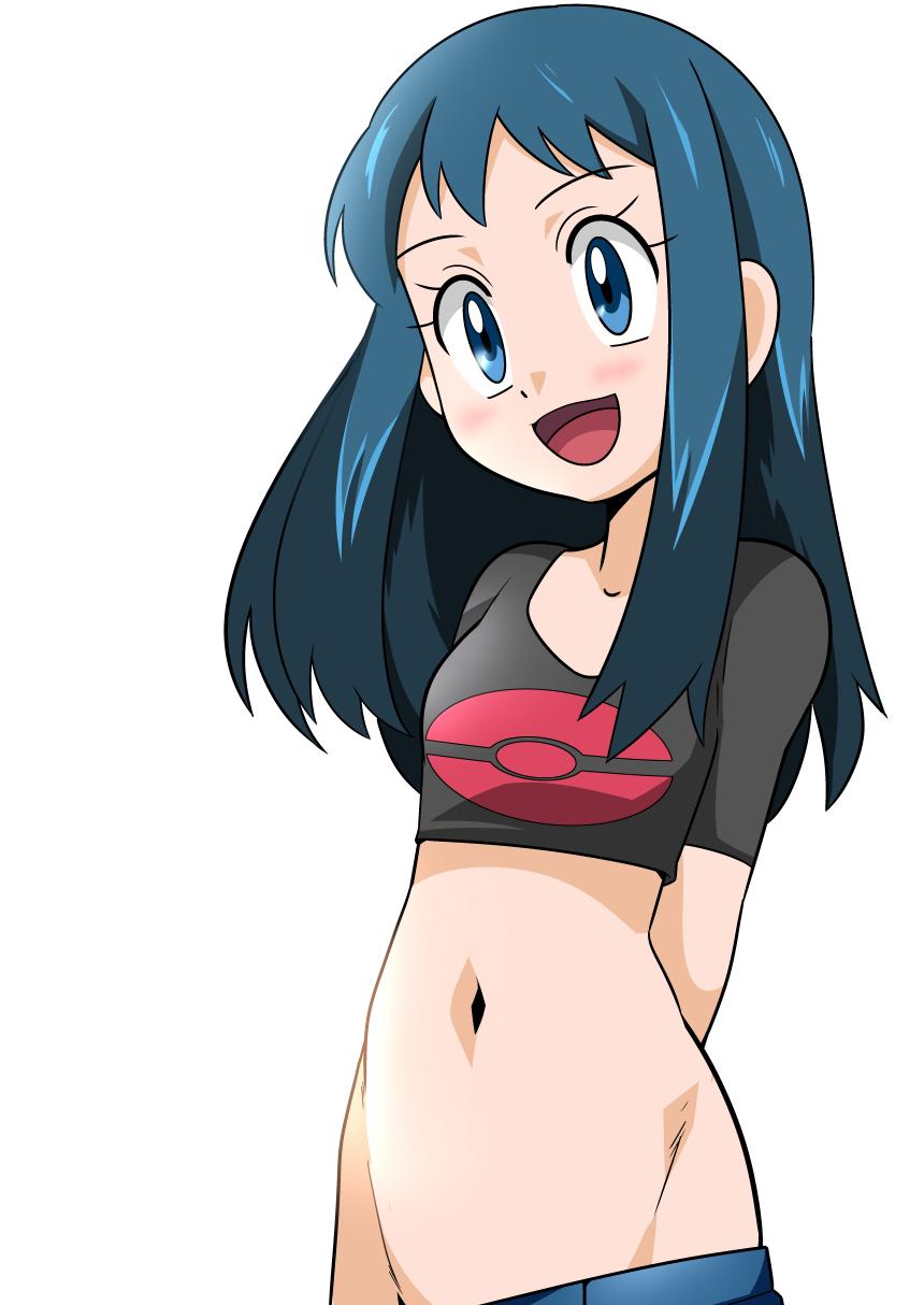 1girl blue_eyes blue_hair breasts denim groin hainchu highres hikari_(pokemon) jeans long_hair looking_at_viewer open_mouth pants pokemon pokemon_(game) pokemon_dppt simple_background smile solo white_background