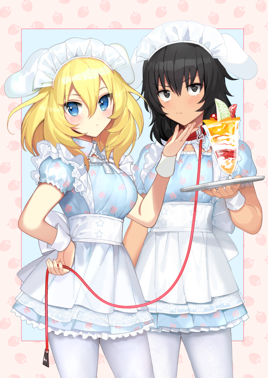 2girls alternate_costume andou_(girls_und_panzer) animal_ears black_hair blonde_hair blue_background blue_dress blue_eyes blush breasts brown_eyes closed_mouth collar cowboy_shot dark_skin dress enmaided fake_animal_ears floral_print food food_themed_background fruit girls_und_panzer hand_on_another's_cheek hand_on_another's_face hand_up holding holding_tray ice_cream leash looking_at_viewer maid medium_breasts multiple_girls neck_ribbon oshida_(girls_und_panzer) pantyhose print_dress puffy_short_sleeves puffy_sleeves ribbon short_hair short_sleeves strawberry strawberry_background sundae tan3charge tray v-shaped_eyebrows white_legwear white_neckwear white_ribbon wrist_cuffs yuri