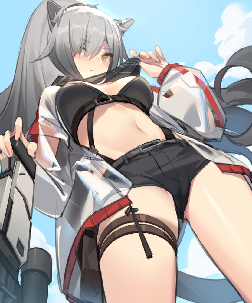 1girl animal_ears arknights belt belt_pouch black_shirt black_shorts breasts cat_ears cat_girl cat_tail clouds commentary crop_top from_below grey_hair hand_up jacket long_hair long_sleeves looking_at_viewer medium_breasts midriff navel open_clothes open_jacket ponytail pouch schwarz_(arknights) see-through shirt short_shorts shorts solo stomach tail thigh_strap thighs very_long_hair yellow_eyes yura_(botyurara)