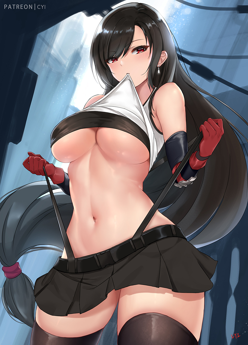 1girl bangs bare_shoulders black_hair black_skirt blush breasts cyicheng earrings elbow_gloves elbow_pads final_fantasy final_fantasy_vii final_fantasy_vii_remake gloves jewelry large_breasts long_hair looking_at_viewer low-tied_long_hair midriff navel red_eyes shirt skirt solo suspender_skirt suspenders swept_bangs tank_top taut_clothes taut_shirt thighs tifa_lockhart under_boob white_tank_top
