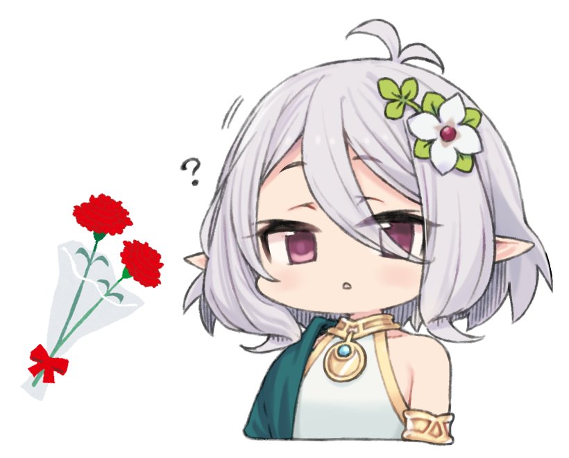 1girl ? antenna_hair bouquet carnation cropped_torso elf flower grey_hair hair_flower hair_ornament kokkoro_(princess_connect!) moru_(monaka) mother's_day parted_lips pointy_ears princess_connect! princess_connect!_re:dive red_carnation red_flower short_hair simple_background solo upper_body violet_eyes white_background