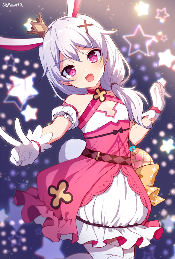 1girl :d animal_ears bandaged_leg bandages bangs blurry blurry_background blush collar commentary_request crown depth_of_field detached_collar dress eyebrows_visible_through_hair frilled_dress frills gloves hair_between_eyes hair_ornament hairclip honkai_(series) honkai_impact_3rd korean_commentary long_hair looking_at_viewer low_ponytail magical_girl mauve mini_crown open_mouth outstretched_arm pink_dress ponytail puffy_short_sleeves puffy_sleeves rabbit_ears short_sleeves silver_hair smile solo star starry_background theresa_apocalypse twitter_username v violet_eyes white_collar white_dress white_gloves x_hair_ornament