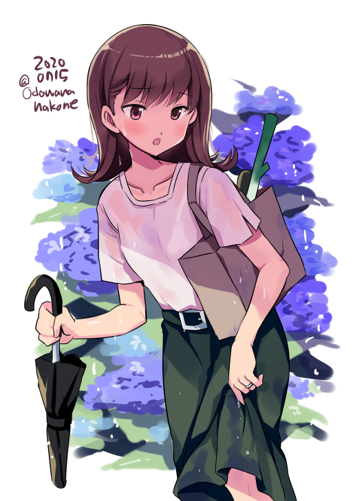 1girl blush brown_eyes brown_hair collarbone dated eyebrows_visible_through_hair feet_out_of_frame flower food green_skirt holding holding_umbrella hydrangea kantai_collection long_hair odawara_hakone ooi_(kantai_collection) open_mouth purple_flower shirt short_sleeves simple_background skirt solo spring_onion twitter_username umbrella vegetable wet wet_clothes white_background white_shirt