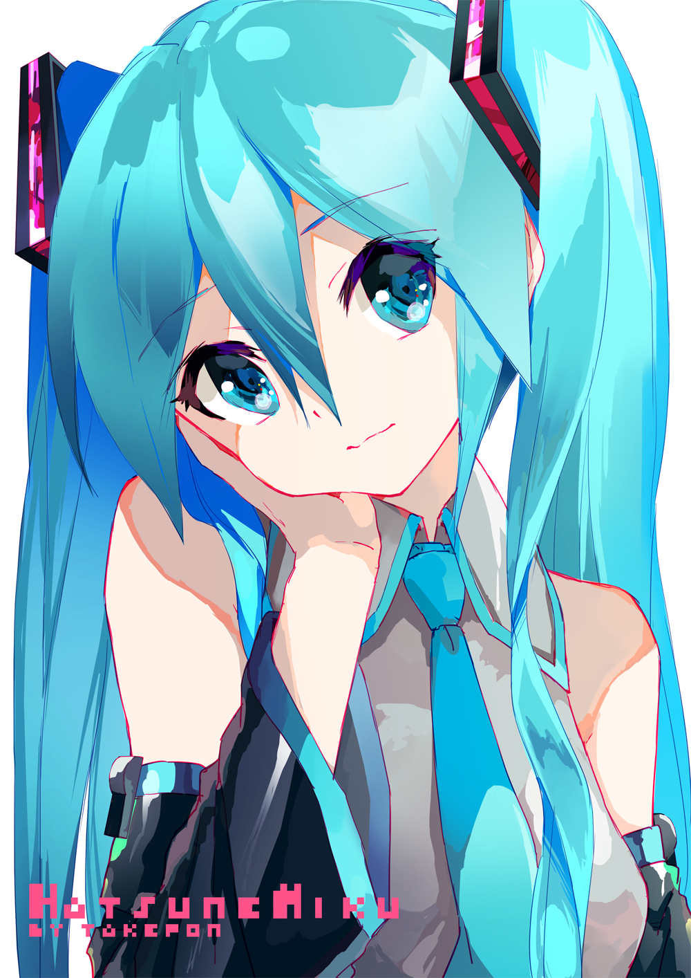1girl aqua_eyes aqua_hair aqua_neckwear artist_name bangs bare_shoulders black_sleeves braid breasts character_name collared_shirt detached_sleeves eyebrows_visible_through_hair grey_shirt hair_between_eyes hand_on_own_cheek hatsune_miku head_rest head_tilt highres long_sleeves looking_at_viewer necktie shirt simple_background small_breasts solo striped takepon1123 twin_braids upper_body vertical_stripes vocaloid white_background